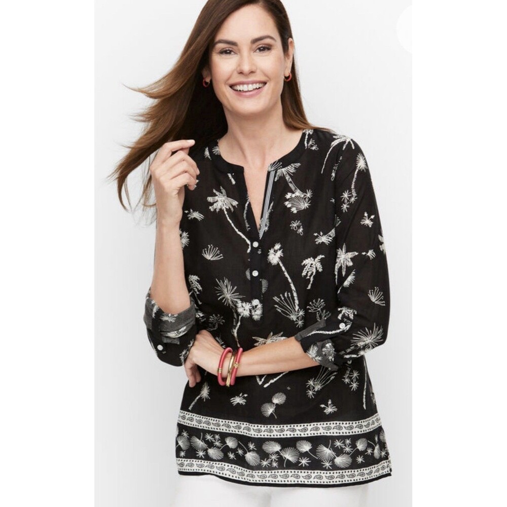 Talbots Band Collar Popover Top 2X Black White Cotton Beach Coastal